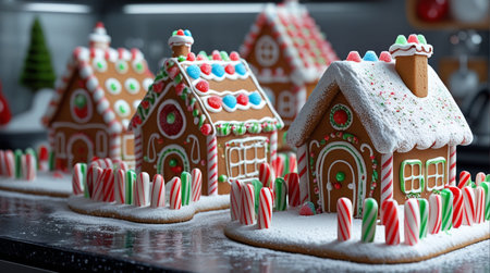 Christmas gingerbread houses with candy canes on table, closeupの素材