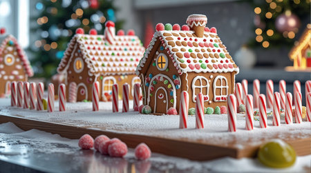Christmas gingerbread houses with candies and lollipops.の素材
