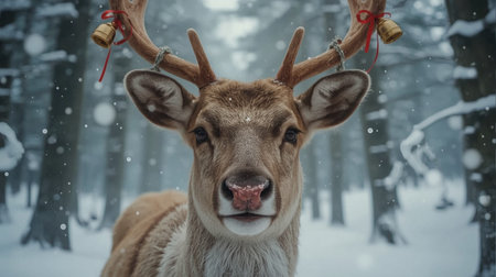 Funny deers in winter forest. Christmas and New Year concept.の素材