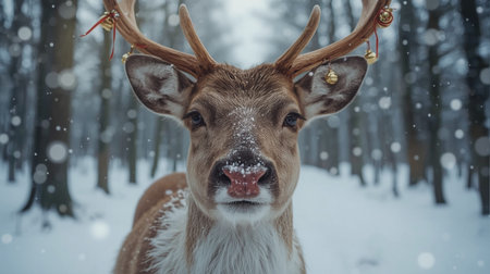 Funny deer in winter forest. Christmas and New Year concept.の素材