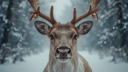 Beautiful reindeer in the winter forest. Christmas background.の素材