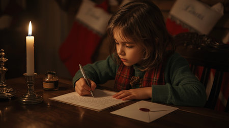 Cute little boy writing letter to Santa Claus at table in eveningの素材