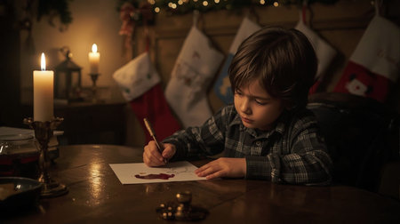 Little boy draws a letter to Santa Claus. Christmas and New Year conceptの素材