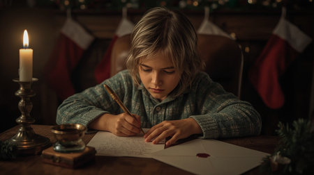 Cute boy writing letter to Santa Claus at home on Christmas Eveの素材
