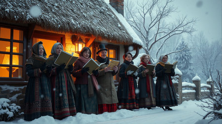 Three women in traditional clothing reading a book in front of a houseの素材