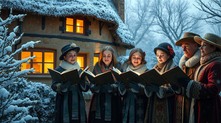 Group of friends reading a book in front of a house in winterの素材