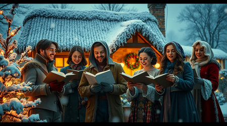 Group of friends reading a book in front of a Christmas house.の素材