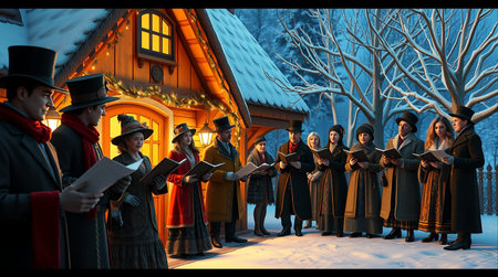 Christmas story with a group of people reading a book in front of the houseの素材