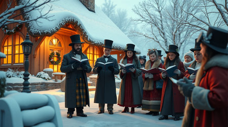 Group of people reading a book in front of the house during Christmasの素材