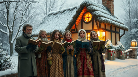 Grandparents with grandchildren reading a book in front of the house in winterの素材