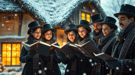 Group of friends reading a book in a snowy village. Christmas concept.の素材