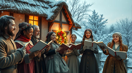 Christmas story. Group of happy young people reading a book while standing in front of the houseの素材