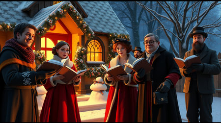 Group of people reading books in front of the house decorated for Christmasの素材