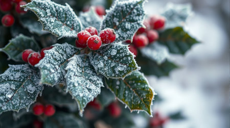 Holly berry covered with hoarfrost, close up viewの素材