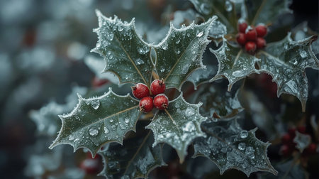 Holly leaves covered with dew. Christmas and New Year background.の素材