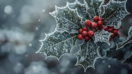 Holly berries covered with hoarfrost. Christmas background.の素材