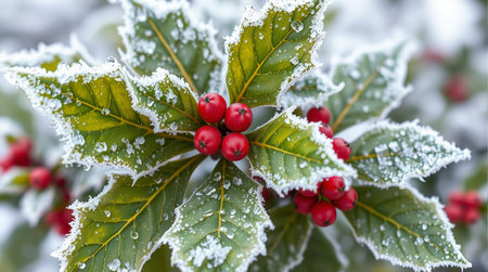 Holly leaves with red berries covered with hoarfrost in winterの素材