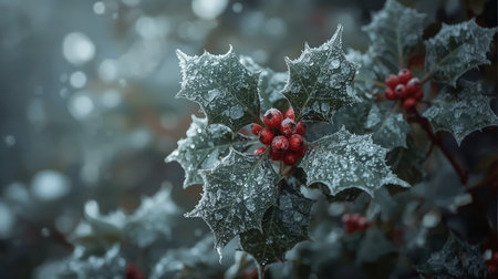 Holly berries covered with hoarfrost on a blurry background.の素材