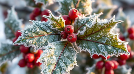 Holly berries covered with hoarfrost, close up. winter backgroundの素材