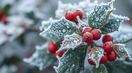 Frosted holly berry with red berries in winter.の素材