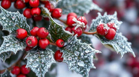Holly berries covered with hoarfrost in winter. Christmas backgroundの素材