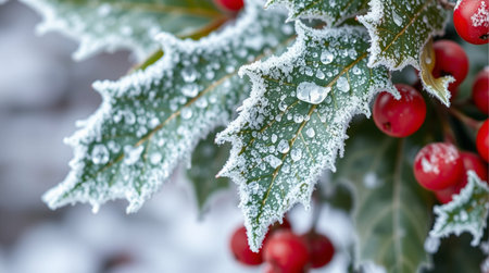 Holly berries covered with hoarfrost and snow in winter.の素材