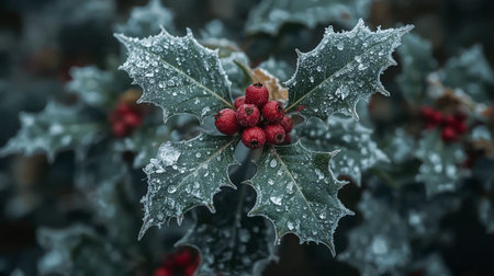 Holly leaves with red berries covered with hoarfrost. Christmas background.の素材