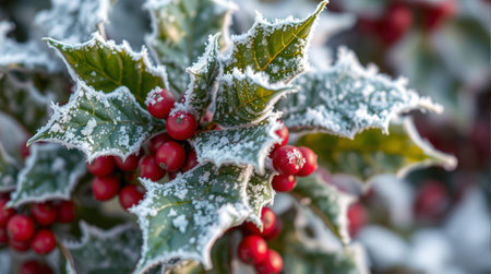 Holly berry covered with hoarfrost, close-upの素材