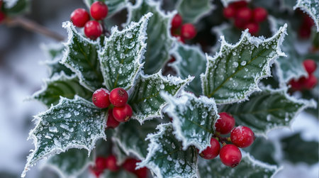 Holly berry covered with hoarfrost, close-upの素材