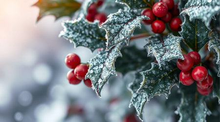 Holly berries covered with hoarfrost. Christmas background.の素材