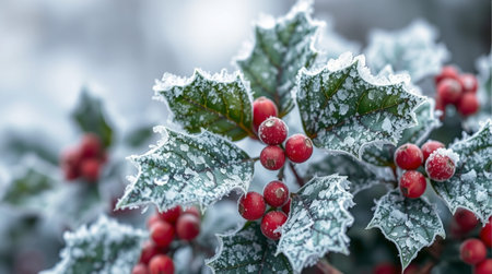 Close-up of red berries of holly covered with hoarfrostの素材