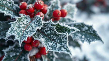 Holly berries covered with hoarfrost and snow in winter.の素材