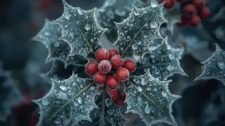 Holly leaves with berries covered with hoarfrost, close-upの素材