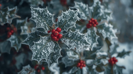 Holly berries covered with hoarfrost. Christmas background.の素材