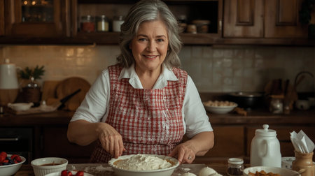 Portrait of a happy senior woman baking cookies in the kitchen at homeの素材