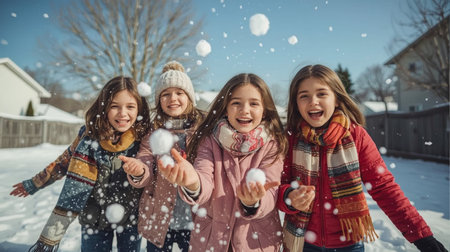 Portrait of a group of smiling children throwing snow in the airの素材