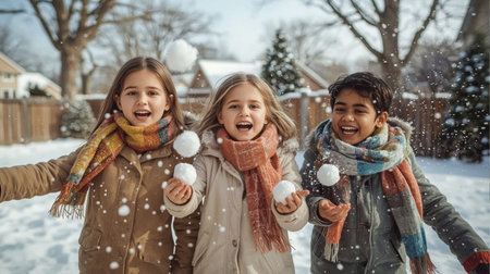 Portrait of a group of happy children having fun outdoors in winterの素材