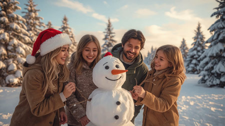 Group of friends making a snowman in the winter forest. Christmas concept.の素材