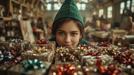 Beautiful young woman with Christmas present boxes in her hands.の素材