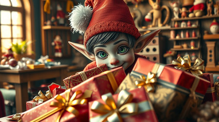 Christmas elf with gift boxes. Christmas background. 3d rendering.の素材
