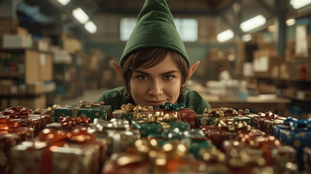 Girl in elf costume choosing Christmas gifts at warehouse. Selective focus.の素材