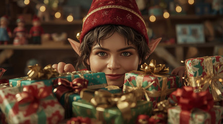 Portrait of a beautiful young woman in Santa Claus hat with gifts.の素材