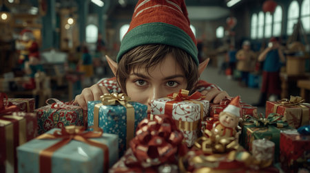 Portrait of a cute little boy with Christmas gifts in the storeの素材