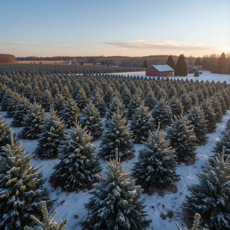 Aerial view of winter pine tree forest covered with snow at sunset.の素材