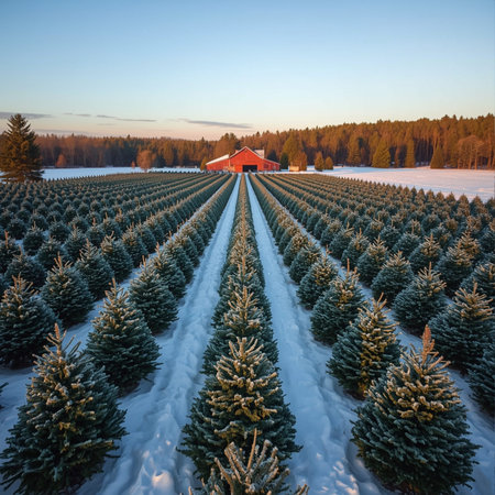 Aerial view of winter pine trees covered with hoarfrost and snow at sunset.の素材