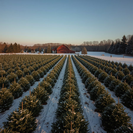 Aerial view of Christmas tree farm in winter. Beautiful winter landscape.の素材