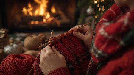 Woman knitting at home near Christmas tree. Close up of hands with knitting needlesの素材