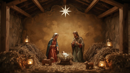Nativity Scene with Mary, Joseph and baby Jesus in a stableの素材