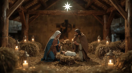 Nativity Scene with Mary, Joseph and baby Jesus in the stableの素材