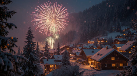 Beautiful fireworks in the mountains. Christmas and New Year holidays backgroundの素材